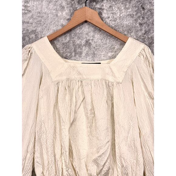 Amber Sakai Top Small Womens Ivory Hammered Silk Long Sleeve Square Neck Blouse - Picture 2 of 9